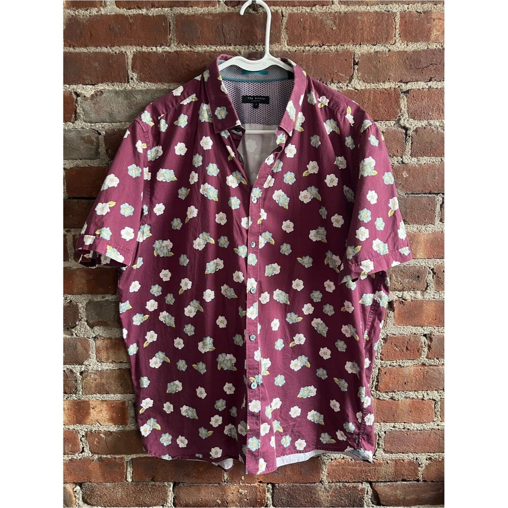 Ted Baker Burgundy Floral Cotton Short-Sleeve Button-Down Shirt Size 7/3XL
